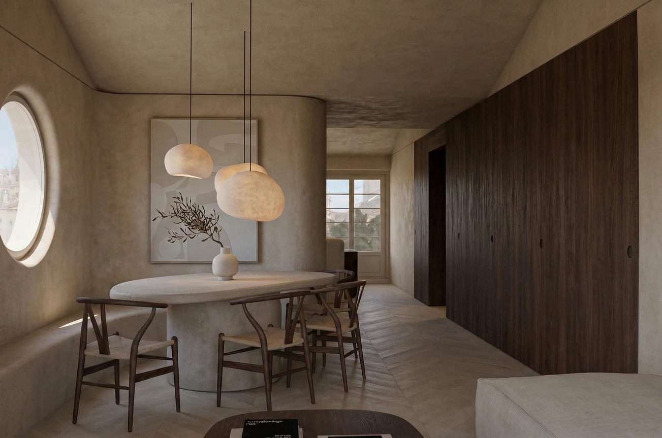 Interior com mesa de jantar e cadeiras de madeira