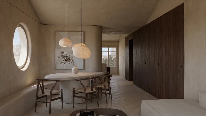 Interior com mesa de jantar e cadeiras de madeira