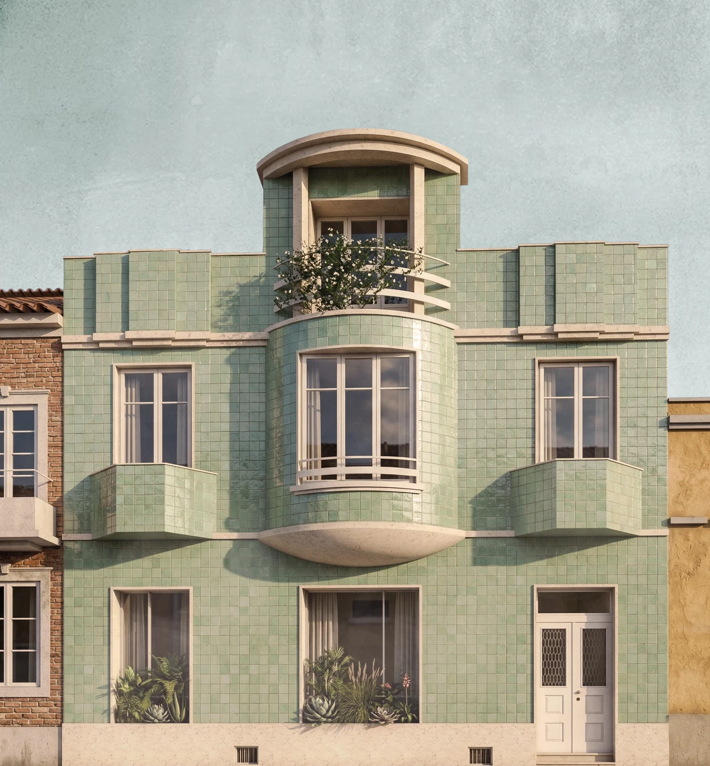 Fachada em azulejo verde com varanda curva