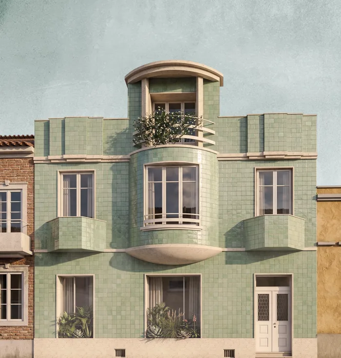 Fachada em azulejo verde com varanda curva